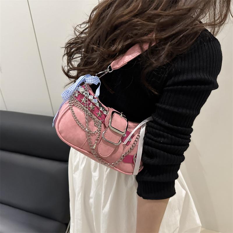 Y2k Retro Women‘s Chain Shoulder Bags PU Leather Ladies Small Underarm Bag Sweet Bow Star Trend Female Crossbody Bag Handbags