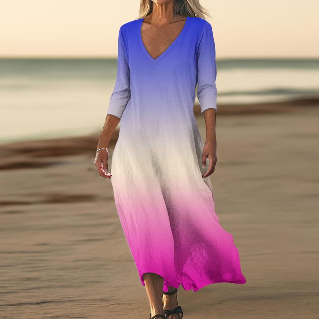 Dresses For Womens Vintage Print Tunic Waisted Midi Dress Summer Casual  3/4 Sleeve Dress
