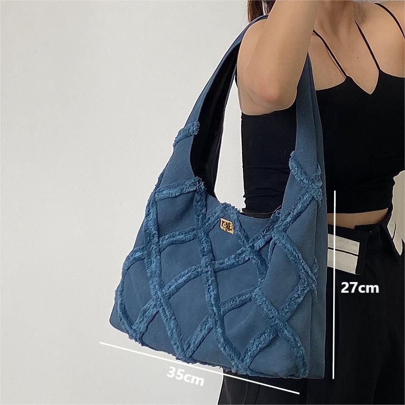 Vintage Denim Canvas Damen Umhängetaschen Retro Blau Große Kapazität Gitter Handtaschen Koreanische Lässige Damen Pendler Tragetaschen