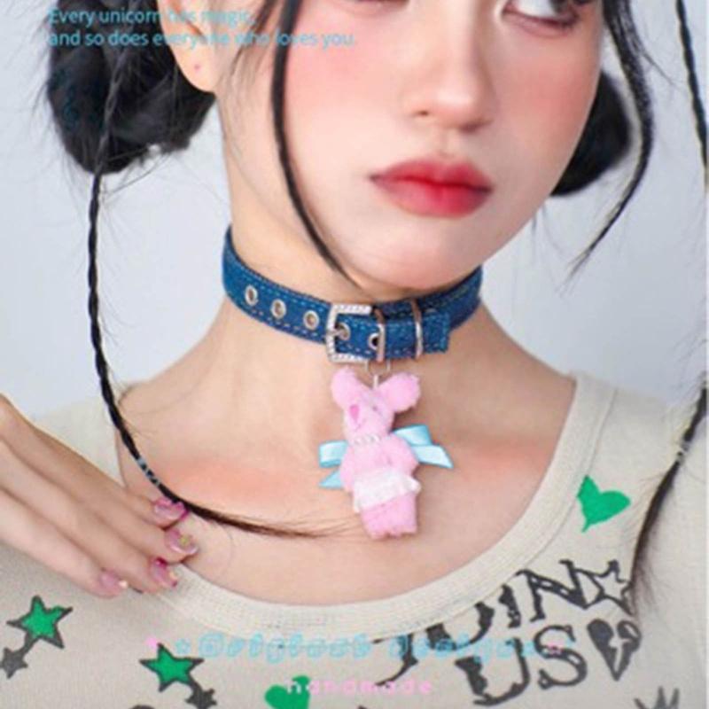 Sweet Short Necklace Cool Collarbone Chain Pink Rabbit Collar Necklace Unique Neck Jewelry Gift for Fashion Forward Girl