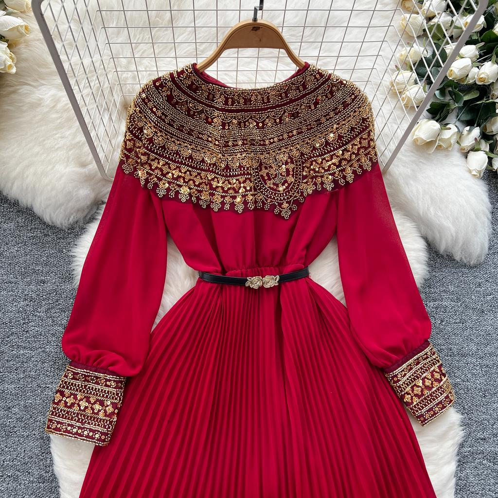 Temperament Robe Femme Maxi Dresses for Women Long Sleeve O-neck Sequin Slim Waist Vintage Pleated Dress 2025 Vestidos De Mujer