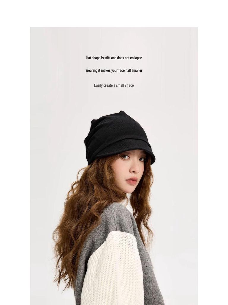 Women's 2023 Small Brim Stacked Beanie: Autumn/Winter Head-Wrapping Wool Hat for a Slimmer Look