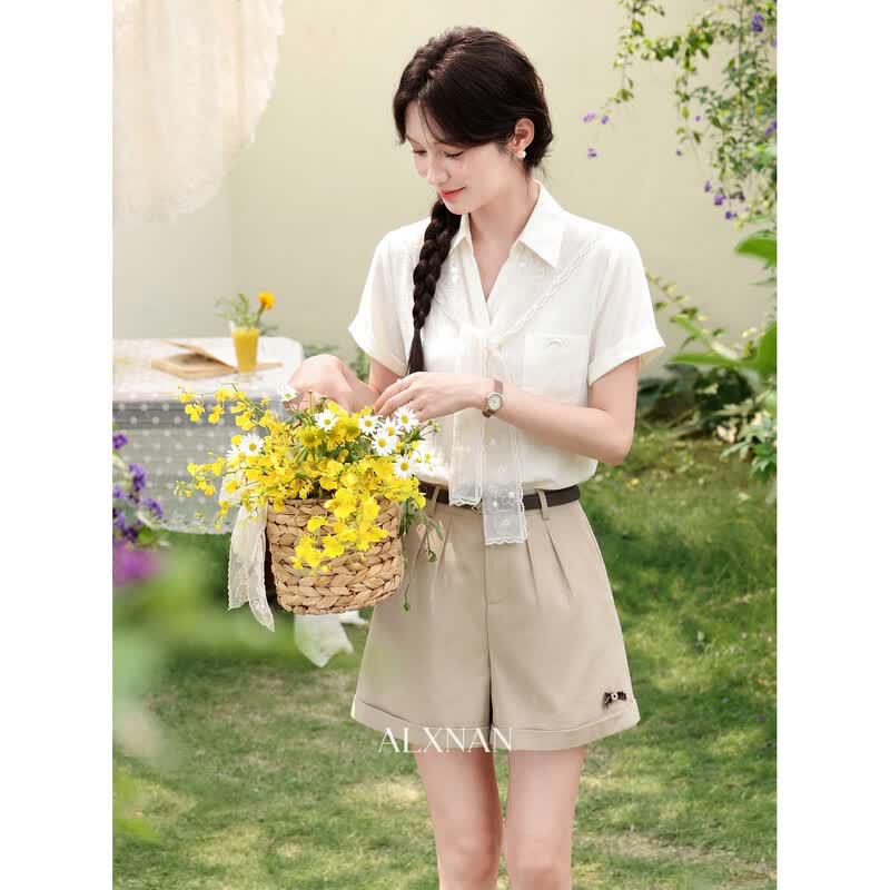 Women's French Style V-Neck Short Sleeve Blouse