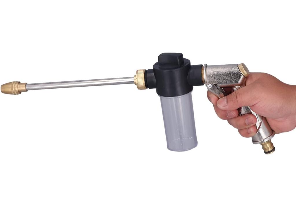 High-pressure water spray gun with an adjustable garden hose nozzle and foam-cleaning function, ideal for gardening watering, car washing, general cl