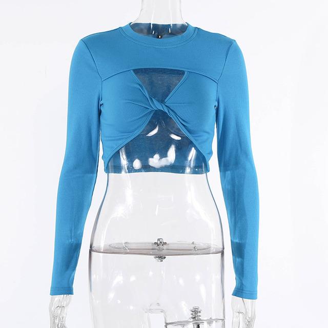 Women Twist Front Hollow Cutout T-Shirts Long Sleeve Round Neck Solid Color Ribbed Crop Tops Short Autumn Tops Lady Daily Wear L синий