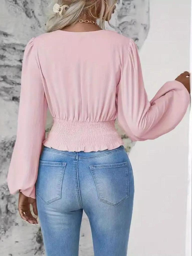 2025 Νέο Μονόχρωμο Τοπ με Λαιμόκοψη V και Μανίκια Φανάρι - Μοντέρνο & Κομψό Γυναικείο Ρούχο Φθινοπώρου/Χειμώνα