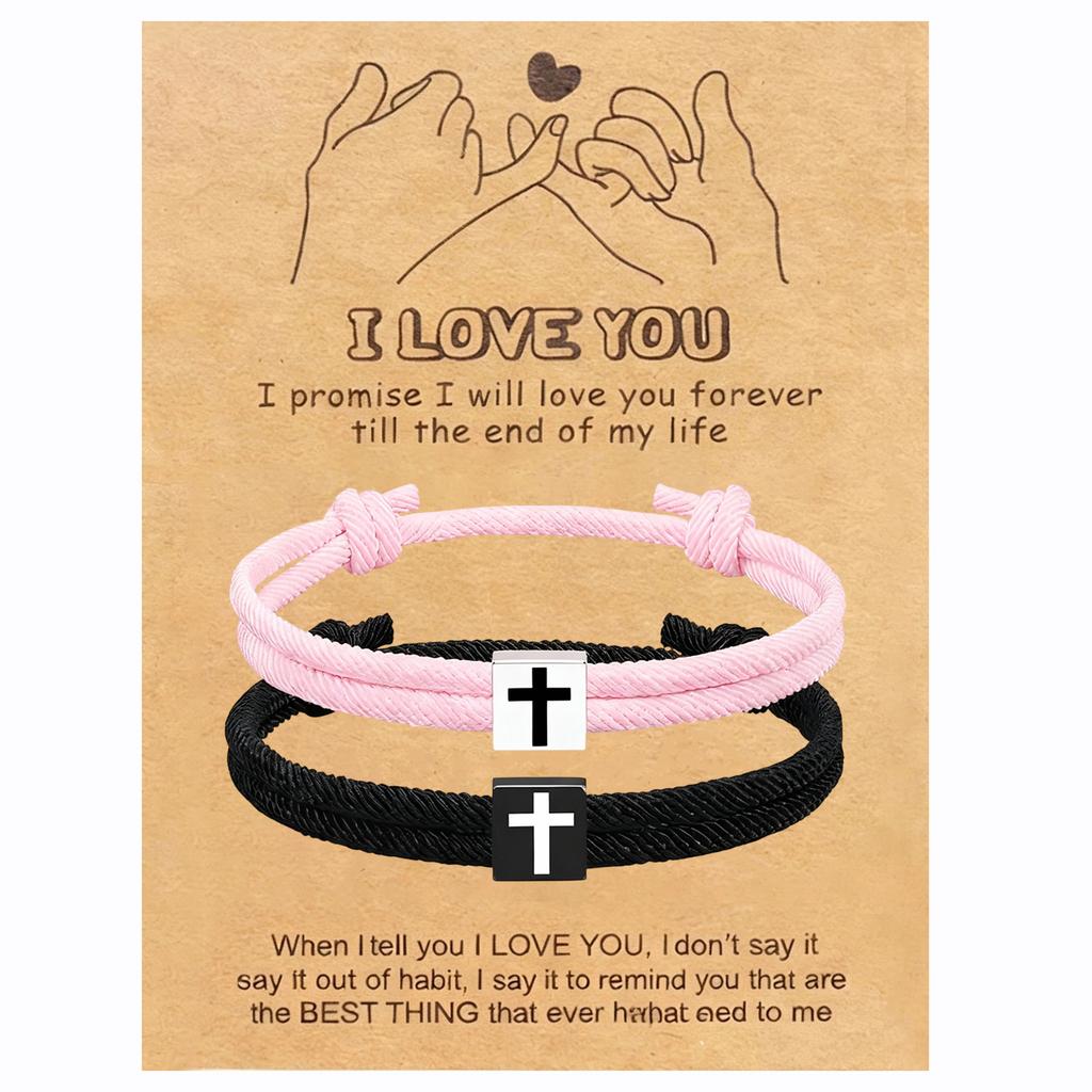 Hand-woven Black and White Cross Milanese Adjustable Bracelets – A Pair of Matching Couple’s Bracelets
