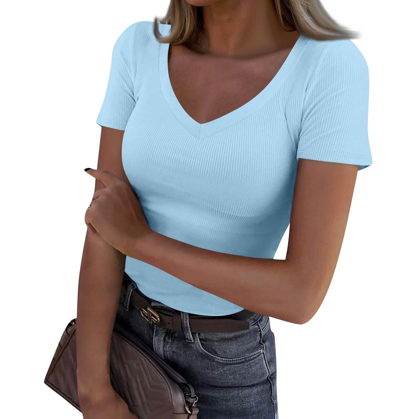 

Ladies Slim Bottom T-shirt Fashion Casual Colour V-Neck Pullover Short Sleeve Top XXL