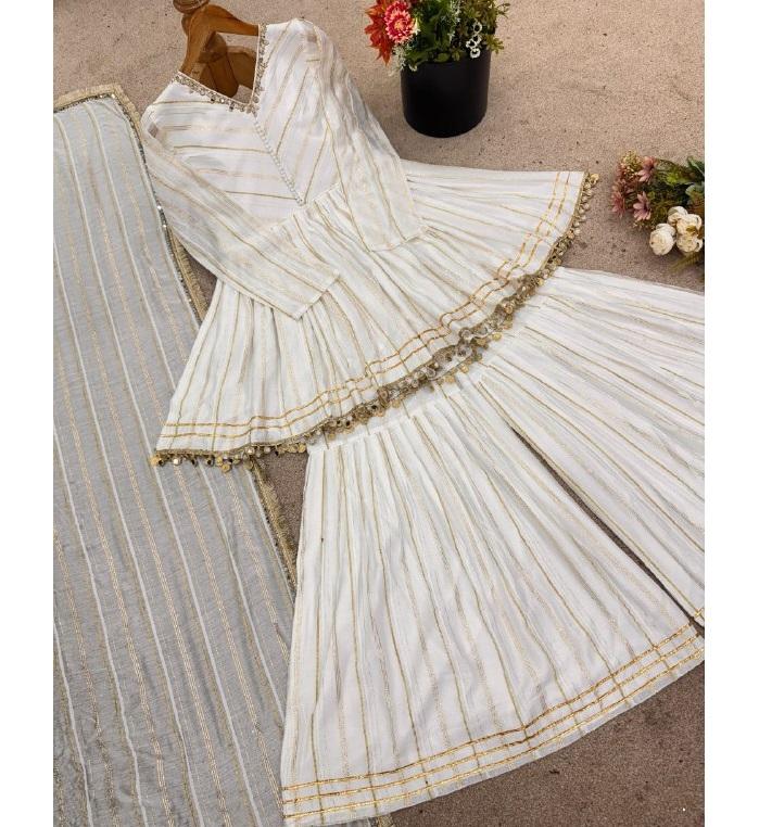 Damen Bollywood Mal Chanderi Salwar Suit Indischer Designer Salwar Kameez Sharara Set Kleid