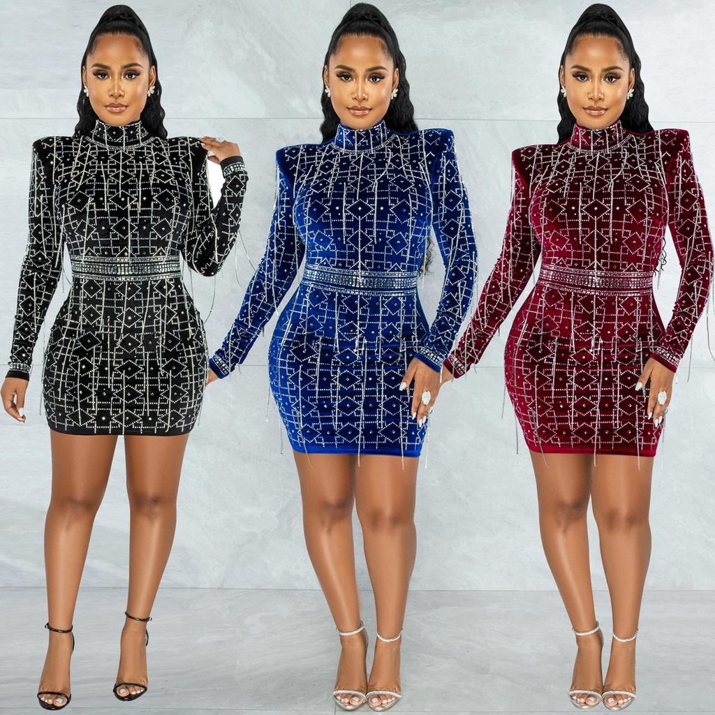 

Женское элегантное мини-короткое платье с длинными рукавами и высокой горловиной с кисточками и стразами, свадебное мини-платье для невесты, вечерние платья