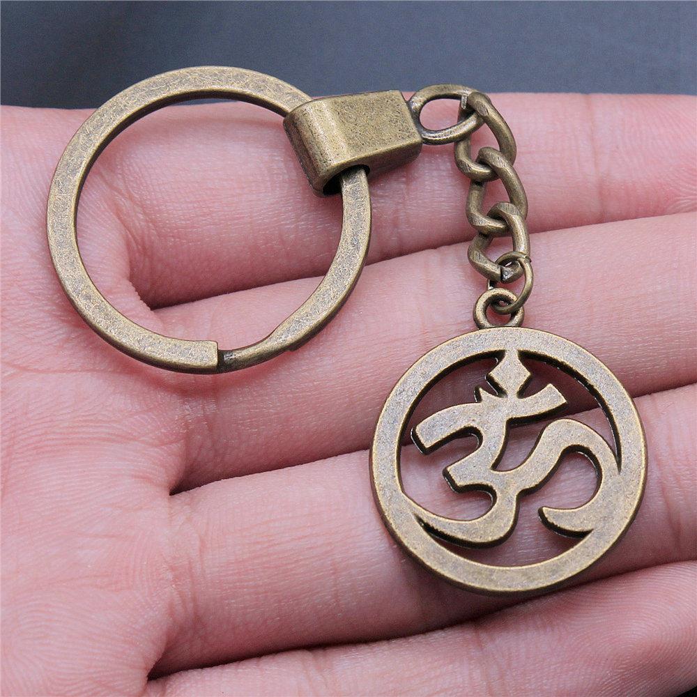 Encouragement Letter Om Yoga Tags Pendant Antique Bronze Metal Keychain with 30mm Ring for Family