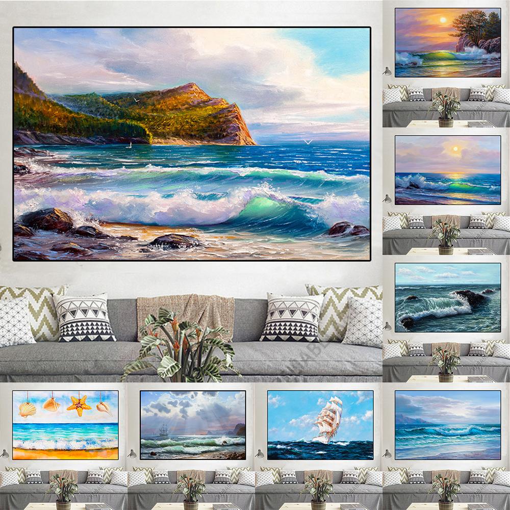 Obraz olejny Vintage Fale Morskie Wydrukowany na Płótnie Statek Zachód Słońca Pejzaż Plakaty i Druki do Dekoracji Salonu Cuadros