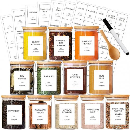 191 Spice Jar Labels Preprinted Minimalist Stickers - White Waterproof Label - Fit Round or Rectangle Spice Jars - Herb Seasoning Kitchen Pantry