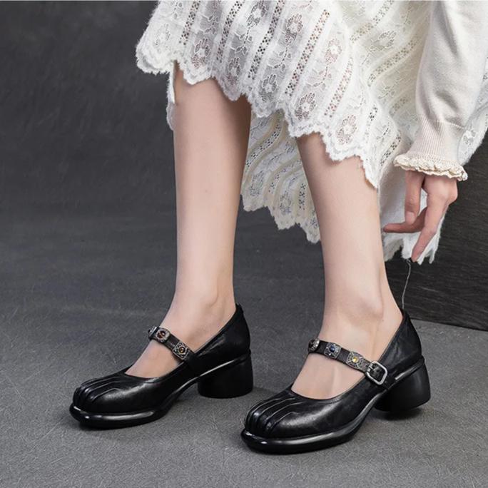 Johnature Lolita Genuine Leather Shoes Sweet Round Toe Thick Heel Wrinkled Women's Shoes