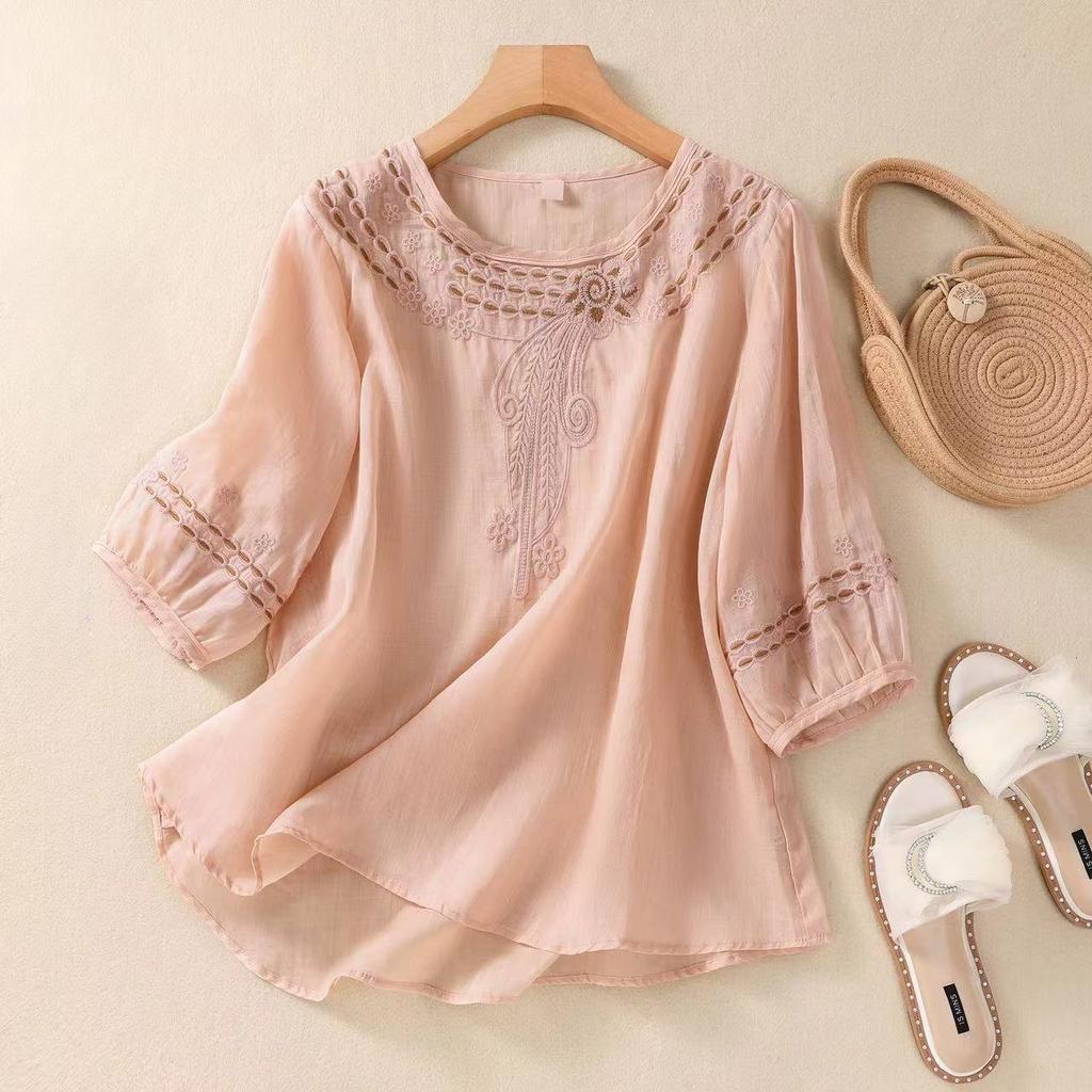 Neues literarisches und retro besticktes Hemd Sommer Halbarm Dünn Locker und vielseitig Pullover-Top