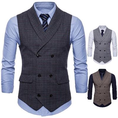 2024 Men Suit Vest Jacket Double Breasted Checks Waistcoat Formal Business Party Tops Casual Plaid Gilet M-4XL