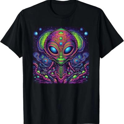 Psychedelic, Trippy, Black Light Poster Alien Illustration T-Shirt