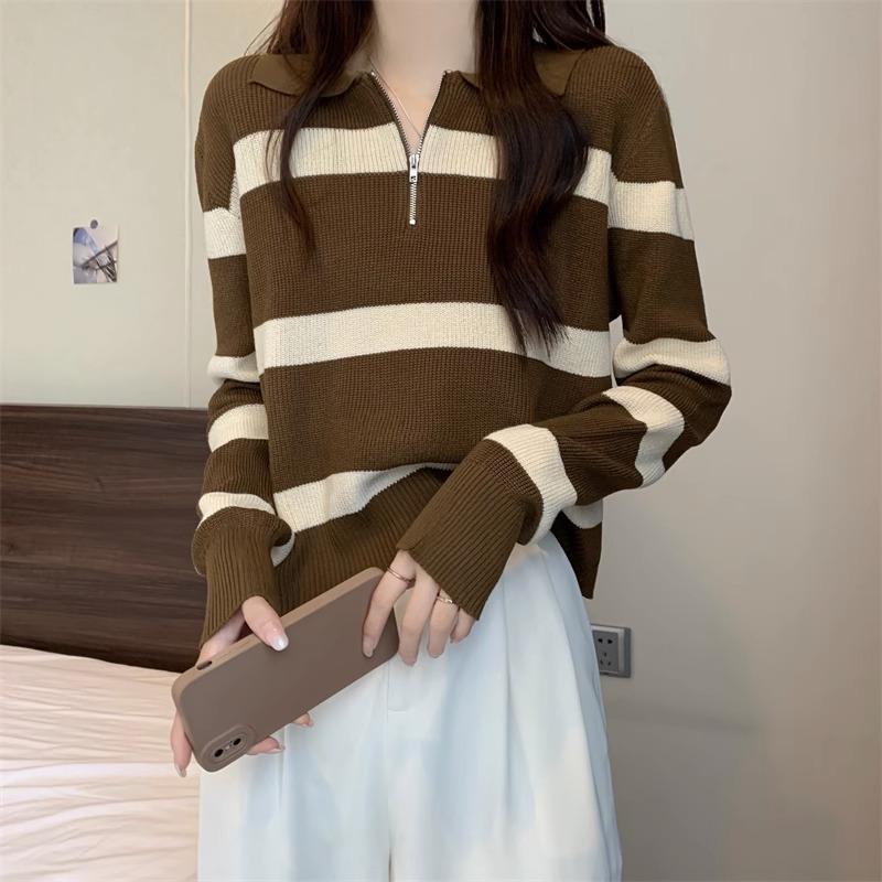 Bottom Shirt Autumn Winter Loose Polo Collar Striped Sweater New Design Zipper Short Top for Women