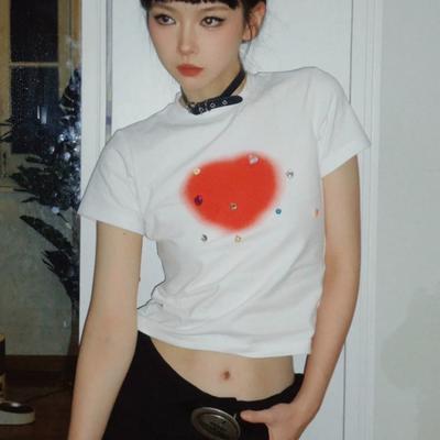 Y2k Aesthetic Streetwear T Shirts Women American Retro Grunge Harajuku Diamond Love Print Slim Tees Tops E-gril 2000s