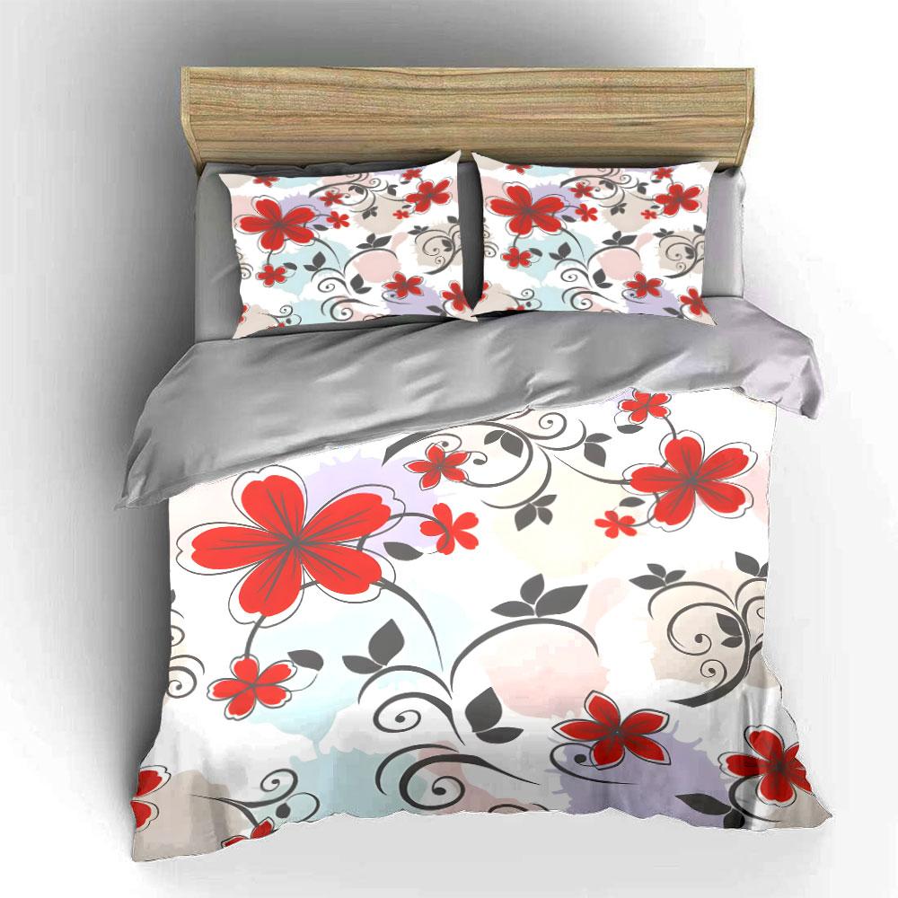 Red flowers with black leaves Print Bedding Set 1 Duvet Cover 2 Pillowcases for Adult and Children Luxury Gift Full Size