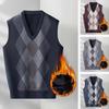 Men Fall Winter Vest Rhombus Print V Neck Sleeveless Loose Color Matching Knitted Thick Warm Soft Mid Length Applique Pullover Men Spring Sweater Vest