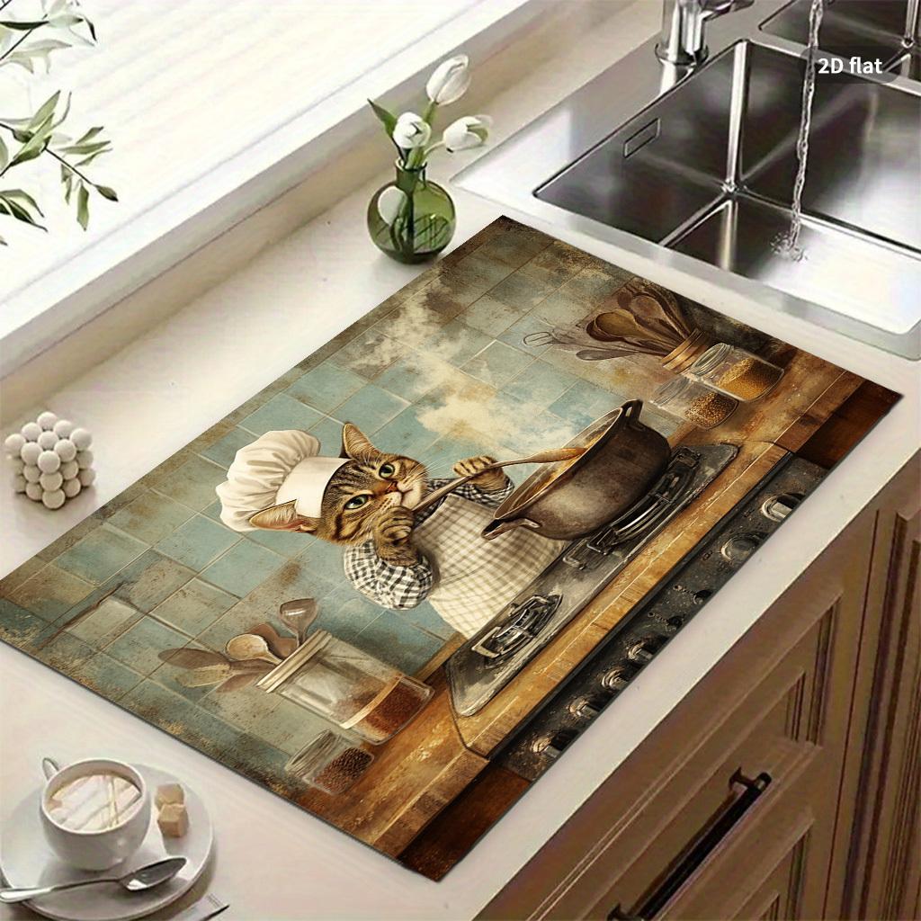 1Pcs Rubber Drying Mat With Retro Style Cooking Cat For Coffee Shop Restaurant Kitchen Carpet Tableware Durable Diatom Mud Table