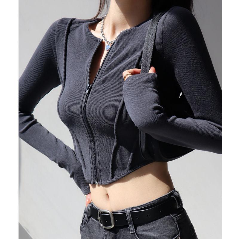 Sexy Zipper Elegant T-shirts For Women High Waist Tees Workout Cycling Sports Tops Girls Casual T-shirts