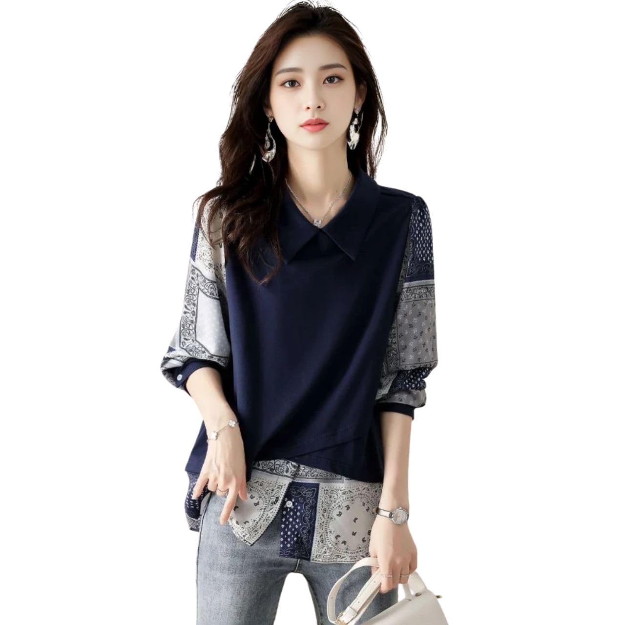 

Layered Chiffon Blouse with Paisley Puff Long and Contrasting Navy Blue J-Scott Women s Print, Sleeves, Sleeves, Fabrics, (JS33-NV-2XL)