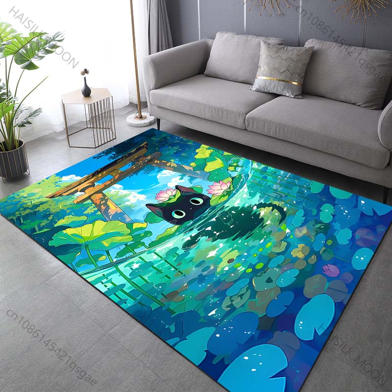 Multiple sizes Black cat pond lotus morning Print Carpet Rug for Living Room Bedroom Sofa Doormat Home Decor Non-slip Floor Mat