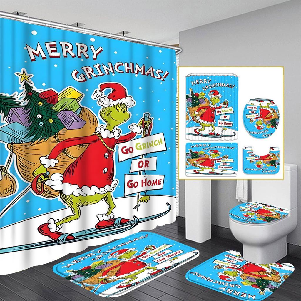 Christmas Green-Haired Pattern Shower Curtain Four-piece Set With 12 Hooks Polyester Waterproof Shower Curtain.
