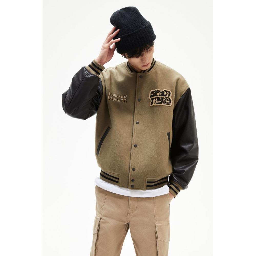 H M Baseball Jacket Loose Fit Beige Black