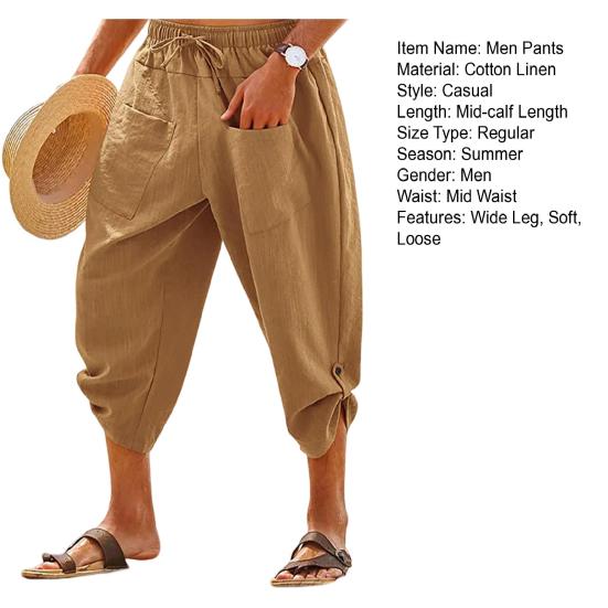 Men Cropped Pants Elastic Waist Solid Color Drawstring Soft Breathable Casual Patch Pockets Mid-calf Length Beach Trousers