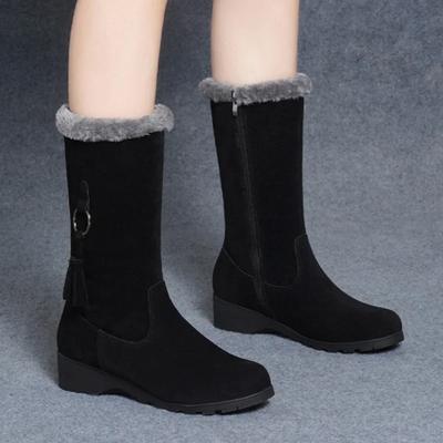 Chaussures de Mode Femme 2024 Nouvelles Bottes pour Femmes à Fermeture Éclair Latérale Hiver Bout Rond Polaire Peluche pour la Chaleur Couleur Unie Mi-Mollet Talons Bas Bottes