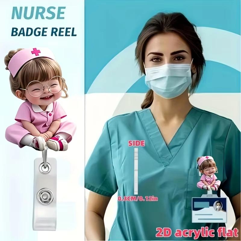 1 Pieza Cordón Retráctil Acrílico Plano 2D Clip para Identificación de Enfermera Insignia con Dibujo de Chica Enfermera Linda con Gafas Soporte para Insignias