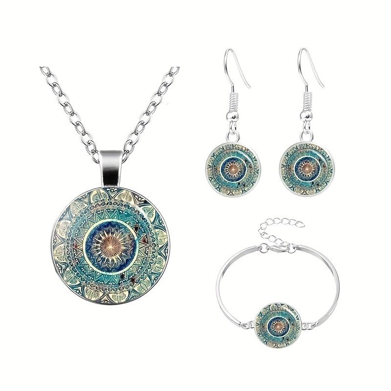 Mandala Flower Time Gemstone Náhrdelník & Náramek & Náušnice Sada šperků Vintage dekorace Kreativní skleněný přívěsek pro ženy