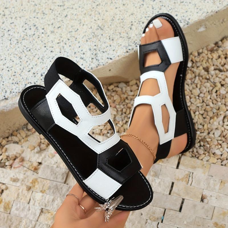 Stylish High-Top Cutout Sandals - Black & White Geometric Design, Faux Cover Upper with Rubber Sole, Easy Slip-On for Casual Parties & Beach Outings