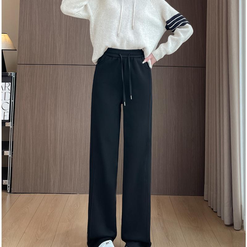 Narrow Straight Banana Pants for Women, Autumn and Winter Fleece-Lined New Style, Petite Casual Wide-Leg Pants, High-Waisted Plus Size Sweatpants