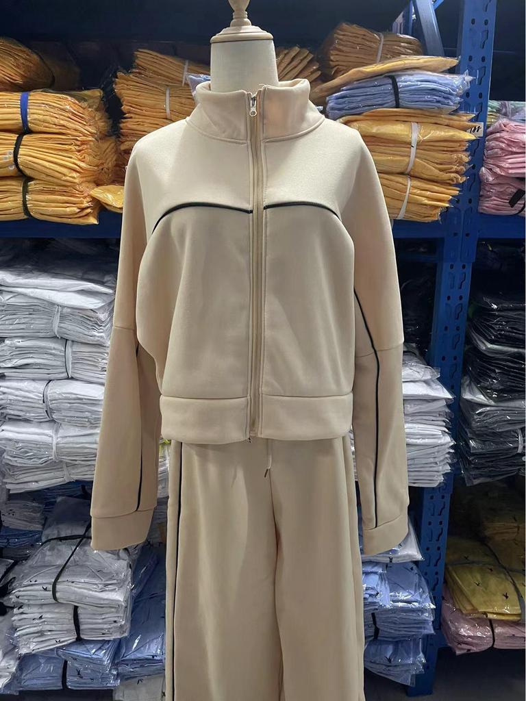 2024 European & American Leisure Suit: Long-Sleeve Half-High Collar Cardigan with Lace-Up Striped Trousers