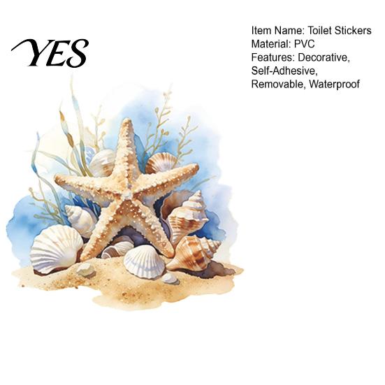 Removable Bathroom Stickers Watercolor Starfish Toilet Seat Sticker, Beach Seashell And Conch Water Tank Waterproof Non-Fading Decals PVC Cover Decal,