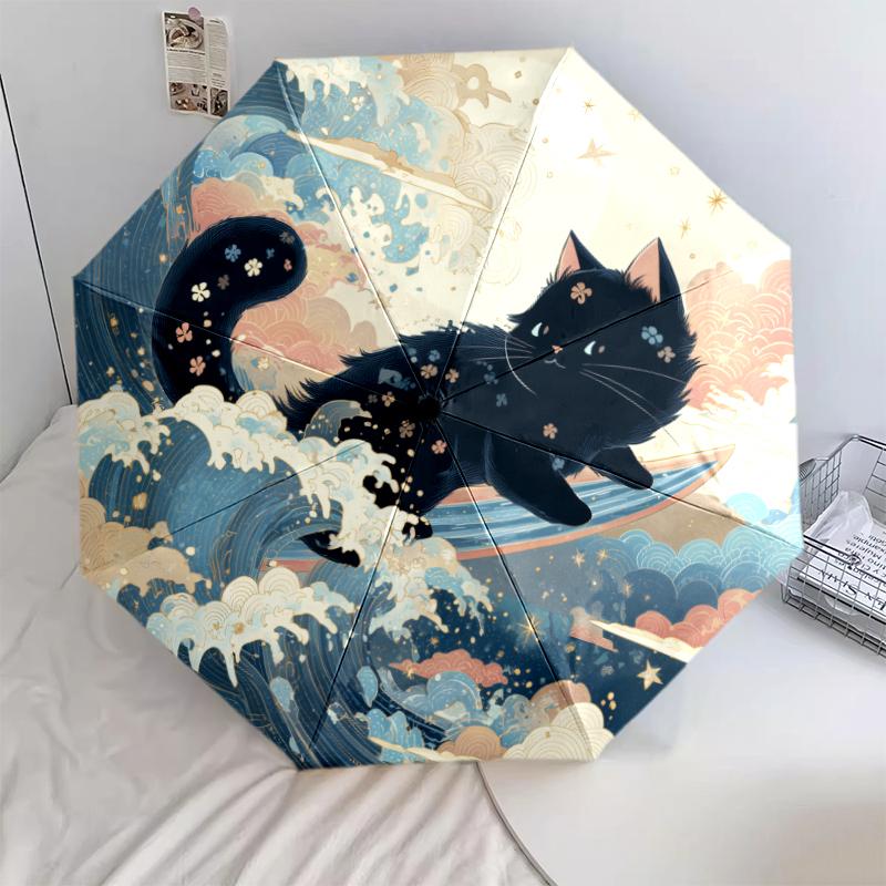 

black cat pattern, automatic folding umbrella, portable and foldable design, 8 ribs, a Christmas or birthday gift.