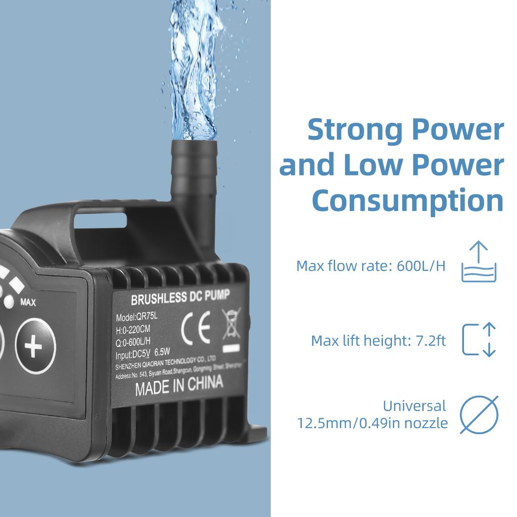 Zanurzalna pompa wodna 5V Regulowana 8 poziomów 0-600L/H Mała pompa fontannowa o wysokości podnoszenia 0-7,2 stopy, 6,5 stopy