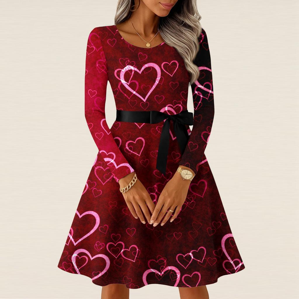 Damen Casual Mode Langarm Vintage Lange Kleider Frühling Valentinstag