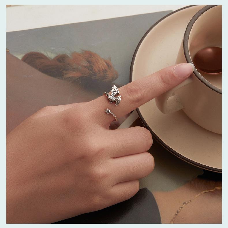 S925 Sterling Silver Feilong Open Ring For Men And Women, Retro Three-Dimensional Medium And Ancient Style Adjustable Ring