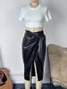 Elegant High-Waisted PU Leather Glossy Slit Skirt with Bow for Women