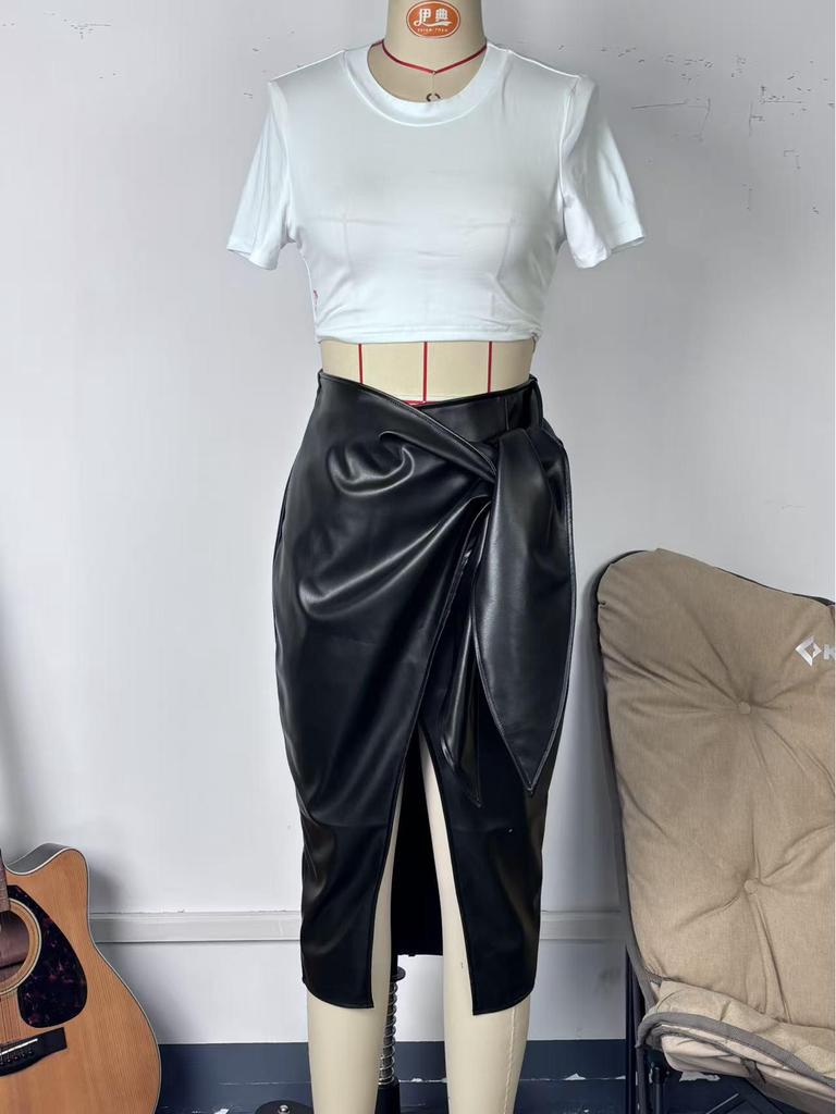 Elegant High-Waisted PU Leather Glossy Slit Skirt with Bow for Women