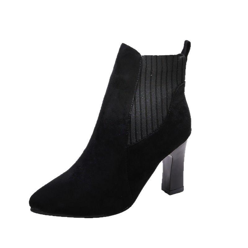 Women's Suede Round Toe Chunky Heel High-Heeled Ankle Boots, Elastic Sock, Nude, British Style.