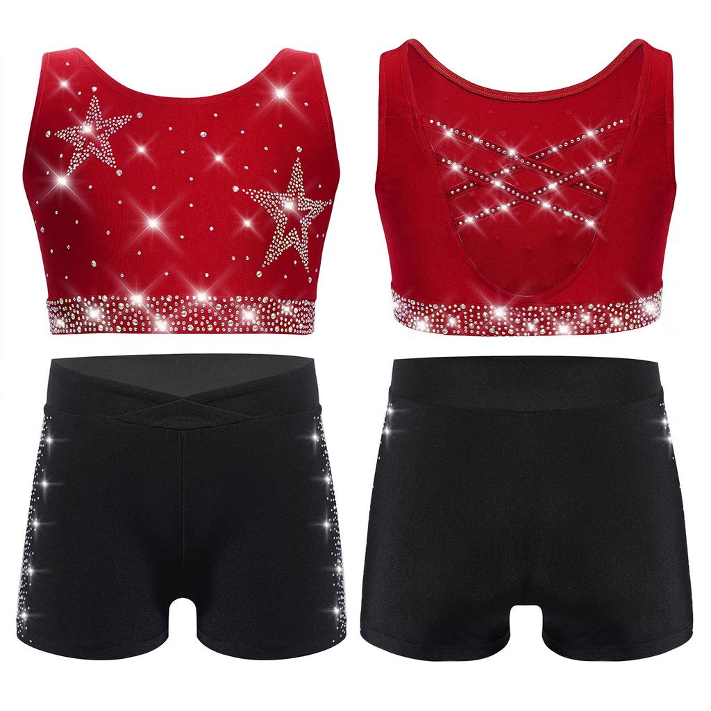 Dívčí gymnasticko-taneční set: Crop top tílko s kamínky, křížením na zádech a véčkem vpředu, s šortkami s elastickým pasem