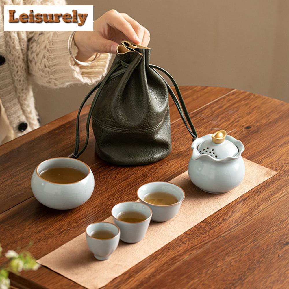 Lucky Bag Ru Kiln Porcelain Tea Set Kit Zen Teapot and Cups Kit Chinese Tea Brewing Picnic Portable Travel Bag Kung Fu Tea Set