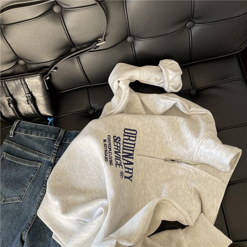 Korean-Style Embroidered Half-Zip Pullover: Women's Spring & Autumn Stand-Up Collar Sweatshirt