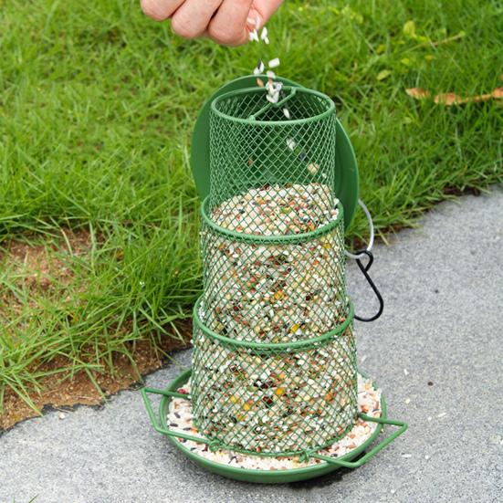 Hrănitor metalic pentru păsări cu 3 niveluri, suspendabil, hrănitor pentru colibri, distribuitor de hrană pentru păsări, plasă pliabilă